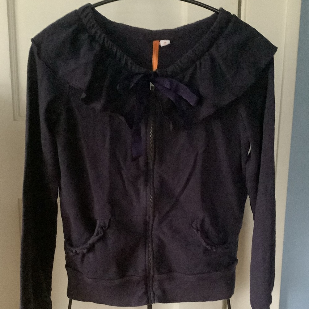 Anthropologie Ruffle Collar Zip Front Top